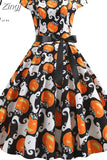 Print Halloween Women 2023 Summer O Neck Short Sleeve Party Robe Femme Elegant Vintage