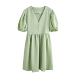 Summer Dress Woman Vintage Puff Sleeve A Line Dresses V-Neck High Waist Mini Dress Green Sexy Grain Dress