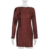Long Sleeve Pleated Textured Mini Dress- Outfit