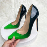 Green Gradient Color Women Pointy Toe Glossy Stiletto Pumps Sexy Ladies 12cm High Heel Party 10cm Shoes QP149