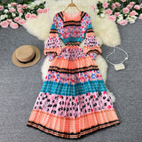 Zingj New Women's Dress Oversized Skirt Print Pleated Waist Lace Holiday