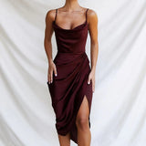 Women Satin Split Dress 2022 Summer Adjustable Strap Swinging Collar Asymmetrical Party Dresses Ladies Backless Club