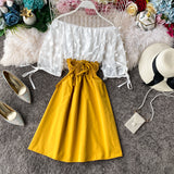 Zingj Spliced Slim Strap Waist Long-Sleeved A-Shaped Dress Fake Two Beach Skirts Seaside Holiday Fairy