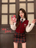 Preppy Style Suit Women's Autumn Red Knitted Cardigan Tank Top Long-sleeve Shirt Plaid Mini Skirt Fashion Three-piece