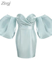 Off Shoulder Puff Sleeves Mini Slim Dress Women V Neck Strapless Lantern Sleeve Mini Dress Celebrity Party Club Satin