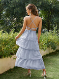 Backless layer ruffle lace up party dress women Summer sexy frills v-neck maxi dresses Spaghetti straps elegant