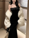 Black Velvet Floral Long Dress Women Vintage Spaghetti Strap Sleeveless Dress Fashion Casual Sexy Evening Party Dress