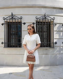 White Knit Short Sleeve Buttoned Mini Dress-Outfit