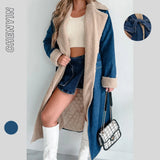 The Ins Autumn Winter Elegant Ladies Coat Lambkin Lapel Quilted Lined Lace Double Pocket Denim Trench Coat-Outfit