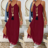 Fashion Casual Solid Lace Patch Work Midi Women's Dress Summer Sexy Spaghetti Straps Deep V Neck Split Dresses