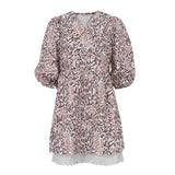 Zingj Women's Summer New Plant Print Doll Collar Waist Short Sleeve Skirt French Dress-Outfit