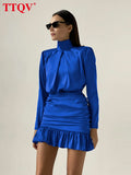 Eleagnt Slim Turtleneck Blue Satin Dresses For Women 2022 Fashion Long Sleeve High Waisted Dresses Autumn Ruched Mini