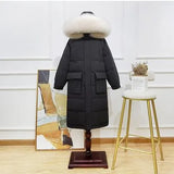 Winter Loose Windbreak Long Coat Women Real Natural Fur Hooded Jacket 90% White Duck Down Coat Thick Warm Snow