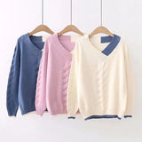 Mori Girl Small Fresh Fashion Knitted Sweater Female Long-sleeved Color Matching V-neck Sweater Women Pullover