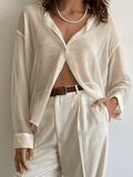 Button Front Semi Sheer Long Sleeve Blouse-Outfit