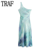 Tie Dye Satin Dress Woman Asymmetric Long Dresses For Women 2023 Off Shoulder Elegant Midi Dresses Ruched Party
