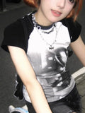 Summer Grunge Tie Dye Print Harajuku Tops Y2k Aesthetic Contrast Casual Slim Fit Crop Tee Streetwear Vintage Fairy