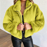 Warm Jacket Women Long Sleeve Zipper Coat Solid Stand Up Collar Outerwear Plush Female Clothes Plus Size