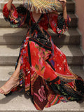 Boho Printed Ruffled Maxi Dress Sexy V-neck Bishop Sleeve Club Party Dresses Elegant Tunic Women Summer Clothing