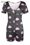 Women Sexy V-Neck Bodycon Bodysuit Casual Printed Button Sleepwear Jumpsuit Shorts Romper Leotard Sexy Ladies Summer Pajamas