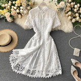 2021 Summer Women Vintage Hollow Out Short Sleeve Overknee Dress High Waist Sashes Buttons New Female Embroidery