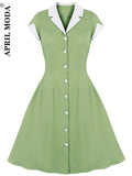 Single-breasted Shirt Retro Dresses Vintage Party Sundress Turn Down Collar Cotton Knee-Length Pinup 1950s Style