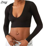 Women Spring Summer Ribbed Crop Top Long Sleeve U Neck Solid Color Slim Fit T-shirt 2023 Streetwear Black/White/Green/Rose