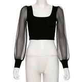 Women Blouses Mesh See Through Puff Long Sleeve Crop Tops Office Lady Shirts Square Collar Tops Black White Tops Ropa