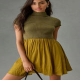 Zingj Parquet Small Turtleneck Dress Short Sleeve Pleated Knit Elegant Pure Color Slim Mini Dress Woman-Outfit