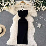 Zingj Sunshine Wind Sweet Slim Show Thin Tight Knit Dress Socialite Temperament Hanging Neck Off The Shoulder Slit