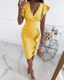 new style OL temperament V-neck slim waist pleated ruffled hip dress