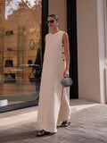 Sleeveless Button Split Maxi Dress Women Round Neck Solid Color Loose Long Robes 2024 Fashion Lady High Street