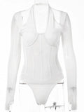 Mesh See Through Slim Bodysuit Women Long Sleeve High Waist Sexy Bodycon Hollow Out Cross Collar Female