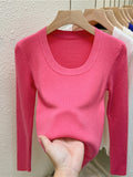 Photos U-neck Knitted Sweater For Women's Autumn Long Sleeved Top Girls Simple Base Jumper