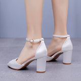Cm Fish Mouth High-Heeled Sandals Shallow Mouth Buckle With Large-Size Round-Head High Heel Bridal Wedding Silk Satin Cloth Coarse