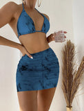 2022 New Marble Printed Mesh Three-Piece Short Skirt Swimsuit
