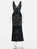 Crochet Hollow Out Knitted Slim Maxi Dress Women Sexy V-neck Backless Sleeveless Robe 2024 Summer Lady Fashion