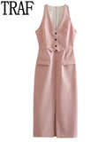 Pink Long Dress Women Waistcoat Midi Dress Woman Sleeveless Elegant Dresses For Women 2023 Office Formal Party