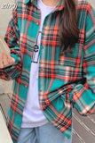 Harajuku Retro Women Oversize Plaid Shirt Spring Korean Turn Down Collar Button Long Blouse Female Long Sleeve