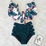 Ruffled Hem Bikini Set Women Flora V-Neck High-Waisted Two Piece Swimsuit 2021 Girl Beach Bathing Suit Swimwear