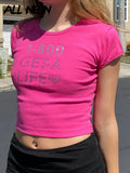 2000s Aesthetics Cute Rhinestones Trim Hot Pink Baby Tees Y2K Fashion Basic Letter Print O-neck Short Sleeve T-shirt