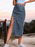 Side Slit Buttoned Denim Midi Skir- Outfit