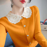 Winter Lace Patchwork Doll Collar Sweet Knitting Cardigan Lady Elegant Fashion All-match Buttons Sweater Top Women