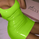 Zingj Leather Solid Color Halter Dress Female Tight Leather Skirt Sexy Sleeveless Leather Hottie Bag Hip Skirt Short