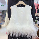 2023 Autumn And Autumn New Fashion Round Neck Solid Color Temperament Feather Splicing Sleeveless Women Fur Vest