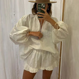 Zingj Women's Fashion Pure Cotton Simple Two-Piece 2023 New Long Sleeved Top High Waist Shorts Suit-Outfit