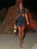 New Sexy Women Black Leopard Tassel Mini Dresses Deep V Sleeveless Naked Waist Dress Summer Party Evening Female