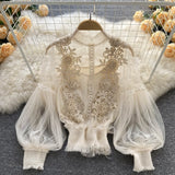 Zingj Sense Of Minority Three-Dimensional Flower Collage Perspective Net Gauze Lantern Sleeves Slim Short Blouse Women's Lace Bottomed
