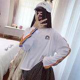 Rainbow Striped Kawaii Long Sleeve Soft Loose Embroidery Korean Style Women Tee Lovely Fashion Womens T-shirt