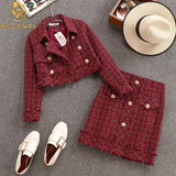 Winter Women Gold Double-breasted Tweed Short Jacket Coat + Bodycon Skirt Suit Tassels 2PCS Clothing Set Red Plaid